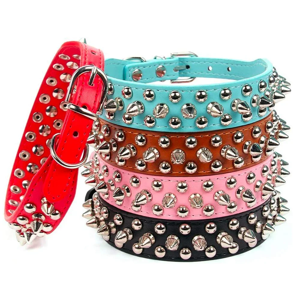 Stylish Adjustable PU Leather Spike Dog Collar - Trendy Neck Strap for Small Dogs and Cats with Rivet Details