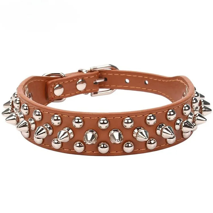 Stylish Adjustable PU Leather Spike Dog Collar - Trendy Neck Strap for Small Dogs and Cats with Rivet Details